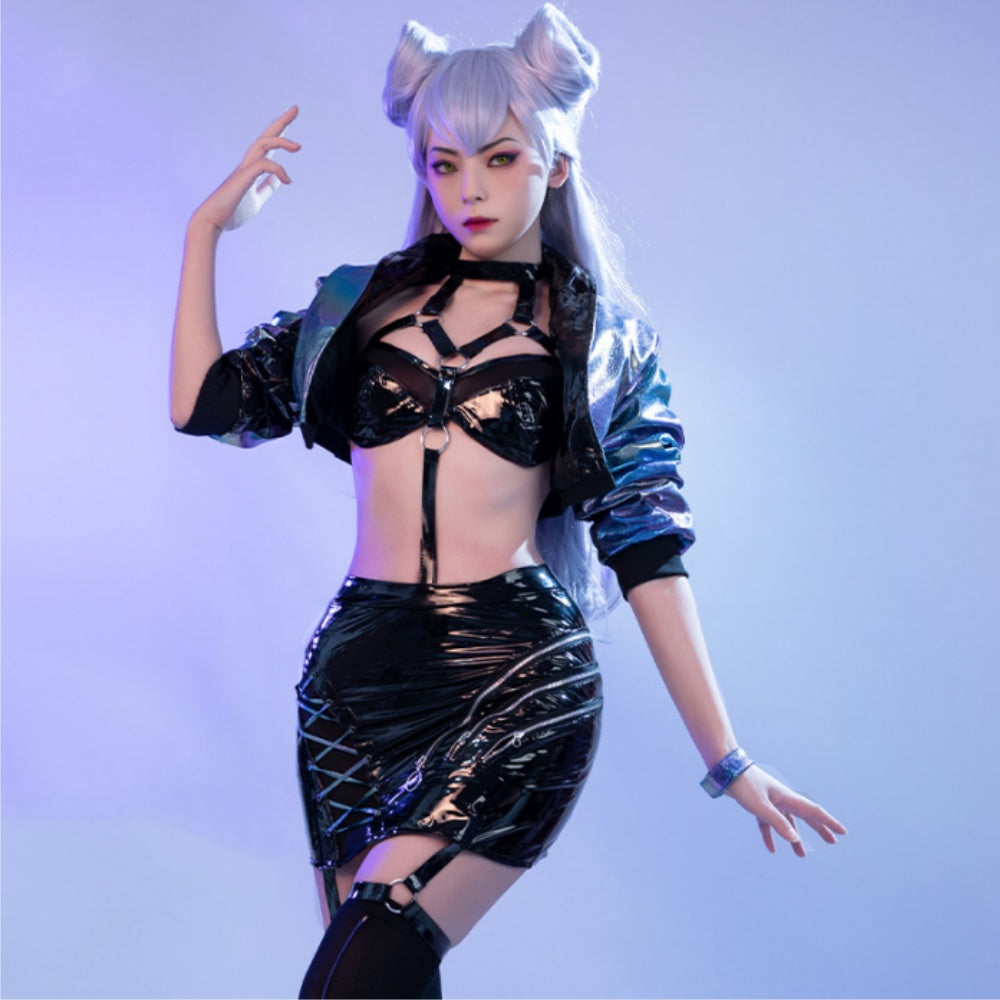 KDA Evelynn League of Legends Cos Clothing KDA Women's Widow Evelyn Cosplay Wig Light Purple Long Hair Double Wrap